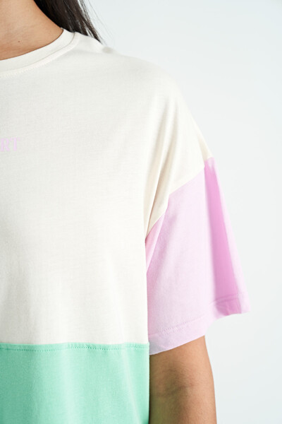 Tommylife Toptan Ekru Çok Renkli O Yaka Oversize Kadın Basic T-Shirt - 02309 - Thumbnail