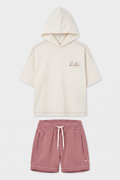 TOMMYLIFE - Tommylife Toptan Ekru-Gül Kurusu Kapüşonlu Dikiş Detaylı Kız Çocuk Şort Takım - 75185