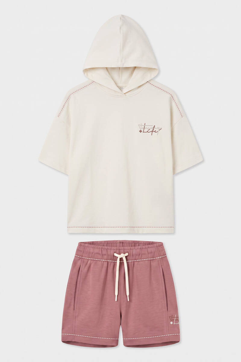 TOMMYLIFE - Tommylife Toptan Ekru-Gül Kurusu Kapüşonlu Dikiş Detaylı Kız Çocuk Şort Takım - 75185