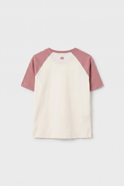 Tommylife Toptan Ekru-Gül Kurusu Standart Fit Reglan Kollu Kız Çocuk T-Shirt - 75180 - Thumbnail