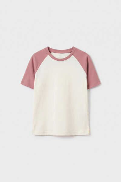 TOMMYLIFE - Tommylife Toptan Ekru-Gül Kurusu Standart Fit Reglan Kollu Kız Çocuk T-Shirt - 75180