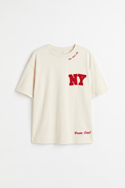 TOMMYLIFE - Tommylife Toptan Ekru Oversize Kısa Kollu Baskılı Kız Çocuk T-Shirt - 75174