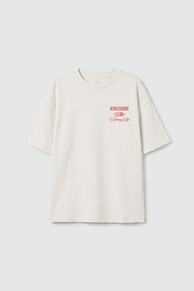 TOMMYLIFE - Tommylife Toptan Ekru Oversize Kısa Kollu Baskılı Kız Çocuk T-Shirt - 75175
