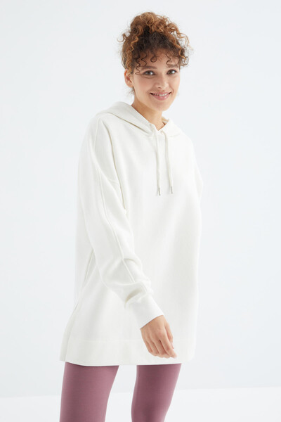 Tommylife Toptan Ekru Reglan Kol Basic Kapüşonlu Oversize Tunik - 97242 - Thumbnail