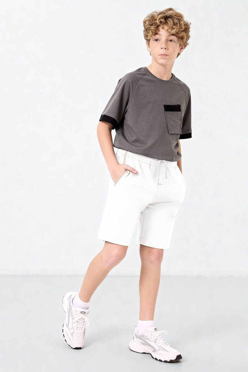 TOMMYLIFE - Tommlife Toptan Ekru Standart Fit Bağcıklı Erkek Çocuk Şort - 11284