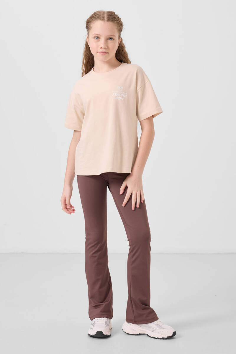 TOMMYLIFE - Tommylife Toptan Esnek Standart Fit Basic Performans İspanyol Paça Kız Çocuk Tayt 75193 Kahverengi