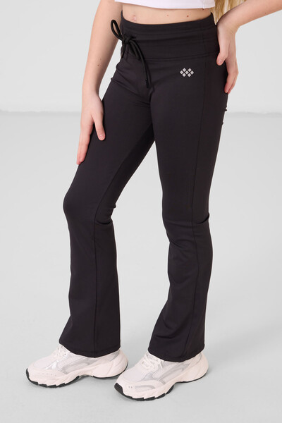 Tommylife Toptan Esnek Standart Fit Basic Performans İspanyol Paça Kız Çocuk Tayt 75193 Siyah - Thumbnail
