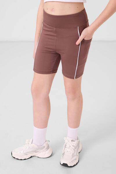 Tommylife Toptan Esnek Standart Fit Basic Performans Kız Çocuk Tayt 75189 Kahverengi - Thumbnail