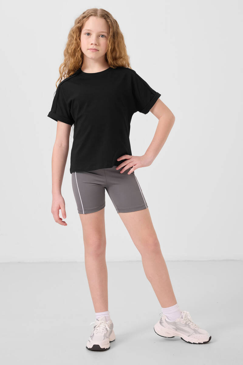 TOMMYLIFE - Tommylife Toptan Esnek Standart Fit Basic Performans Kız Çocuk Tayt 75189 Koyu Gri