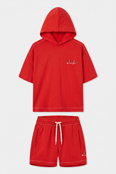 TOMMYLIFE - Tommylife Toptan Fiesta Kapüşonlu Dikiş Detaylı Kız Çocuk Şort Takım - 75185