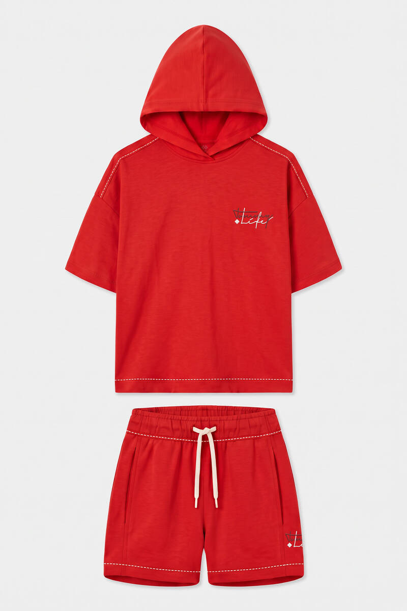 TOMMYLIFE - Tommylife Toptan Fiesta Kapüşonlu Dikiş Detaylı Kız Çocuk Şort Takım - 75185