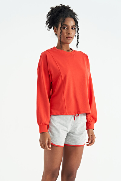 Tommylife Toptan Fiesta Nakış Detaylı Balon Kol Crop Basic Kadın Sweatshirt - 02118 - Thumbnail