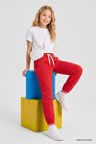 Tommylife Toptan Fiesta Standart Fit Ön Dikiş Detaylı Kız Çocuk Eşofman Alt - 75197