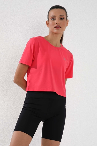 Tommylife Toptan Fuşya Basic Kısa Kol Standart Kalıp O Yaka Kadın Crop Top T-Shirt - 97143 - Thumbnail