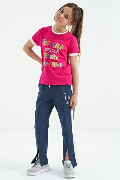 Tommylife Toptan Fuşya Renkli Yazı Detaylı O Yaka Rahat Form Kız Çocuk T-Shirt - 75109 - Thumbnail