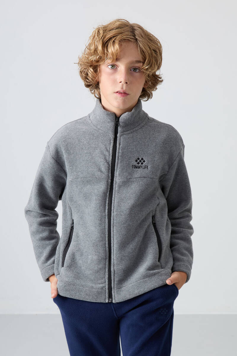 TommyLife - Tommylife Toptan Garson Boy Dik Yaka Standart Kalıp Basic Erkek Çocuk Polar Sweatshirt 11223 Gri Melanj