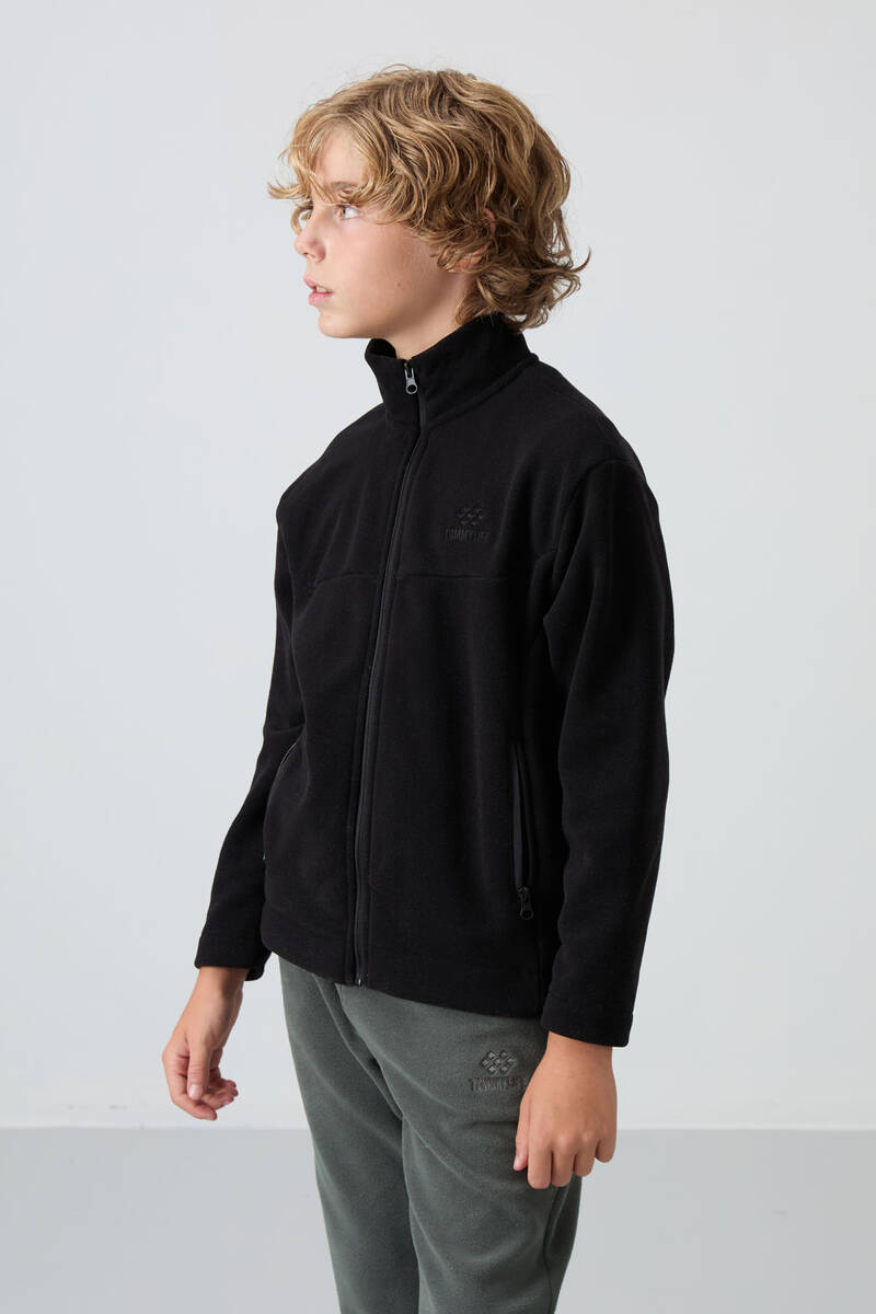 TommyLife - Tommylife Toptan Garson Boy Dik Yaka Standart Kalıp Basic Erkek Çocuk Polar Sweatshirt 11223 Siyah