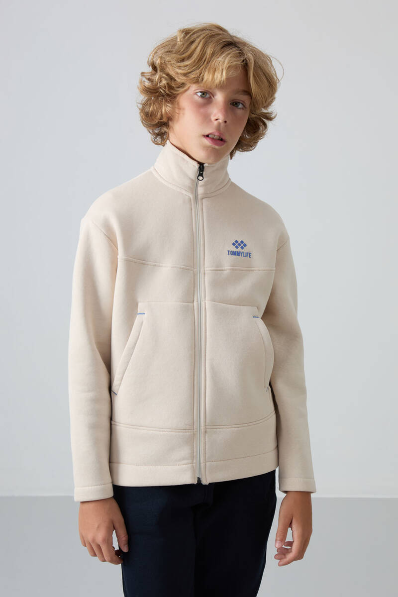 TommyLife - Tommylife Toptan Garson Boy Dik Yaka Standart Kalıp Basic Erkek Çocuk Sweatshirt 11245 Bej