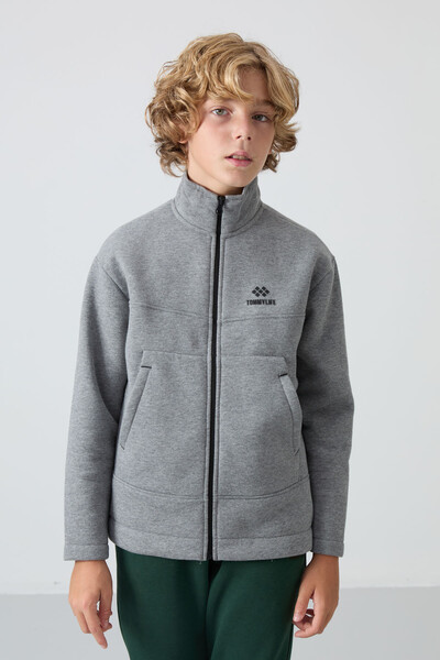Tommylife Toptan Garson Boy Dik Yaka Standart Kalıp Basic Erkek Çocuk Sweatshirt 11245 Gri Melanj - Thumbnail