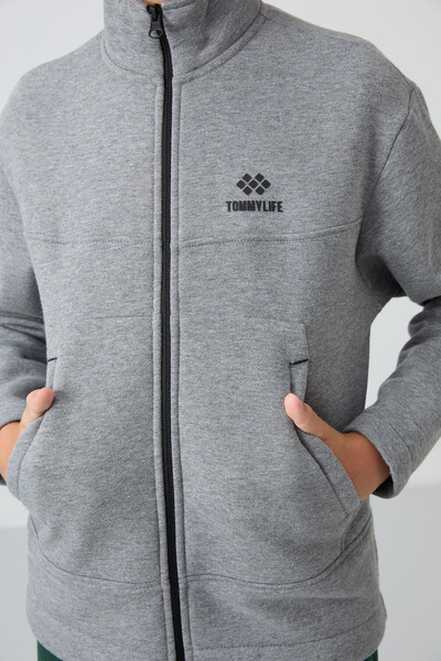 Tommylife Toptan Garson Boy Dik Yaka Standart Kalıp Basic Erkek Çocuk Sweatshirt 11245 Gri Melanj - Thumbnail