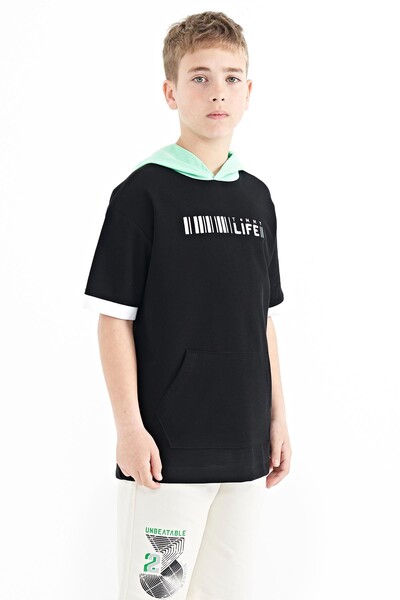 Tommylife Toptan Garson Boy Kapüşonlu Oversize Erkek Çocuk T-Shirt 11148 Siyah - Thumbnail