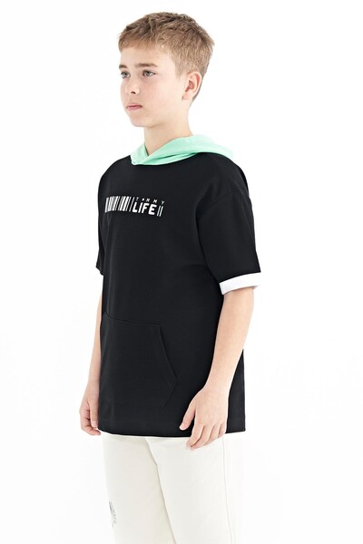 Tommylife Toptan Garson Boy Kapüşonlu Oversize Erkek Çocuk T-Shirt 11148 Siyah - Thumbnail