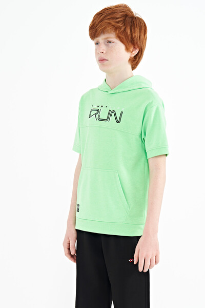 Tommylife Toptan Garson Boy Kapüşonlu Oversize Erkek Çocuk T-Shirt 11160 Neon Yeşil - Thumbnail