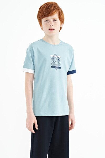 Tommylife Toptan Garson Boy O Yaka Oversize Baskılı Erkek Çocuk T-Shirt 11137 Açık Mavi - Thumbnail