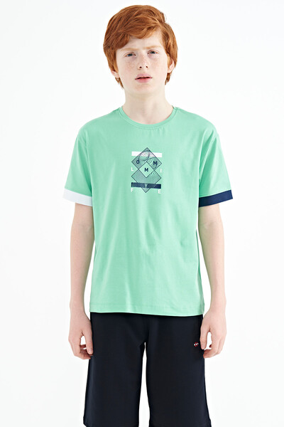 Tommylife Toptan Garson Boy O Yaka Oversize Baskılı Erkek Çocuk T-Shirt 11137 Su Yeşili - Thumbnail