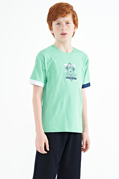 Tommylife Toptan Garson Boy O Yaka Oversize Baskılı Erkek Çocuk T-Shirt 11137 Su Yeşili - Thumbnail