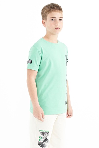 Tommylife Toptan Garson Boy O Yaka Standart Kalıp Baskılı Erkek Çocuk T-Shirt 11104 Su Yeşili - Thumbnail
