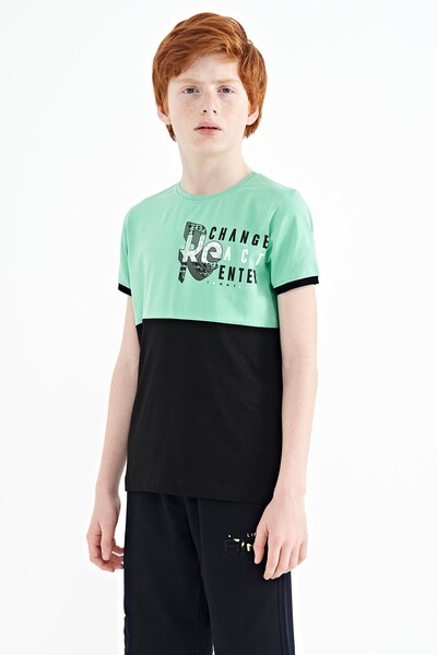 Tommylife Toptan Garson Boy O Yaka Standart Kalıp Baskılı Erkek Çocuk T-Shirt 11107 Su Yeşili - Thumbnail