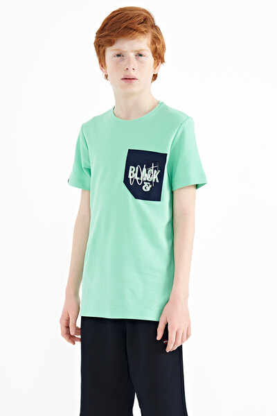 Tommylife Toptan Garson Boy O Yaka Standart Kalıp Nakışlı Erkek Çocuk T-Shirt 11116 Su Yeşili - Thumbnail
