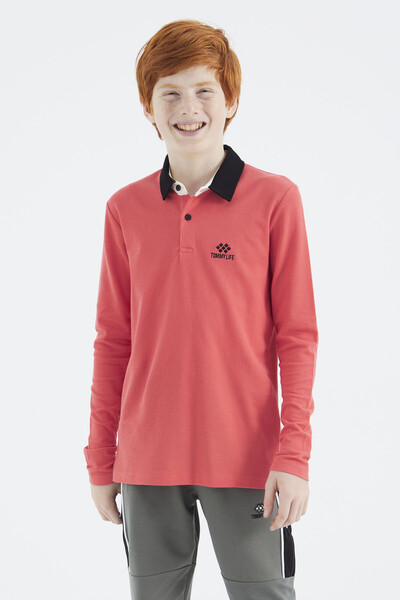 Tommylife Toptan Garson Boy Polo Yaka Standart Kalıp Basic Erkek Çocuk Sweatshirt 11171 Coral - Thumbnail
