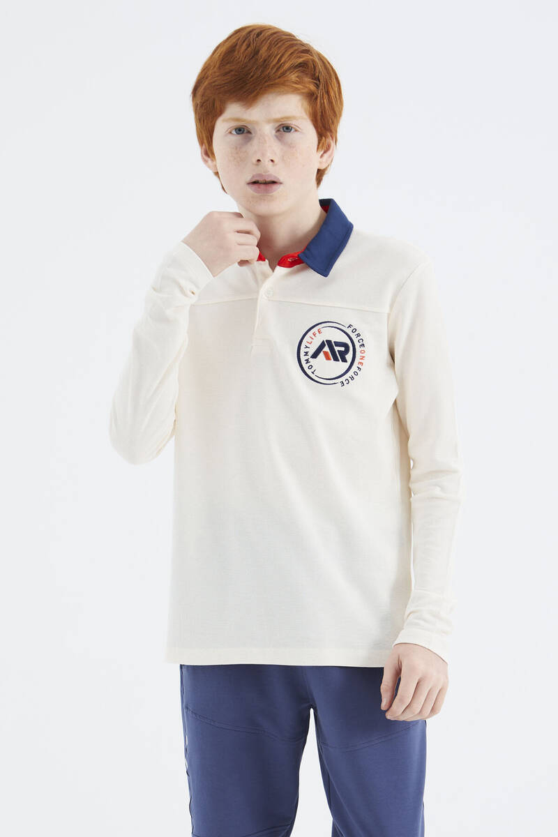 TOMMYLIFE - Tommylife Toptan Garson Boy Polo Yaka Standart Kalıp Basic Erkek Çocuk Sweatshirt 11172 Ekru