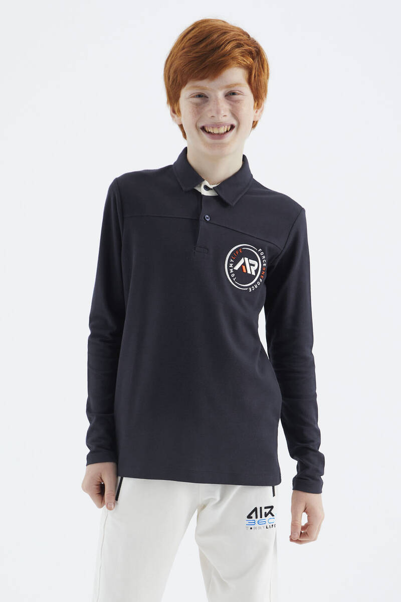 TOMMYLIFE - Tommylife Toptan Garson Boy Polo Yaka Standart Kalıp Basic Erkek Çocuk Sweatshirt 11172 Lacivert