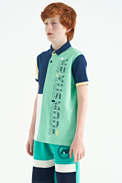 Tommylife Toptan Garson Boy Polo Yaka Standart Kalıp Baskılı Erkek Çocuk T-Shirt 11112 Su Yeşili - Thumbnail