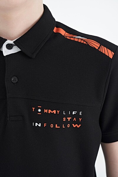 Tommylife Toptan Garson Boy Polo Yaka Standart Kalıp Baskılı Erkek Çocuk T-Shirt 11140 Siyah - Thumbnail