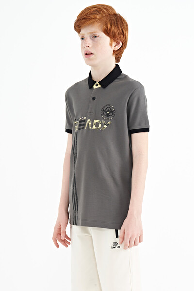 Tommylife Toptan Garson Boy Polo Yaka Standart Kalıp Baskılı Erkek Çocuk T-Shirt 11143 Koyu Gri - Thumbnail