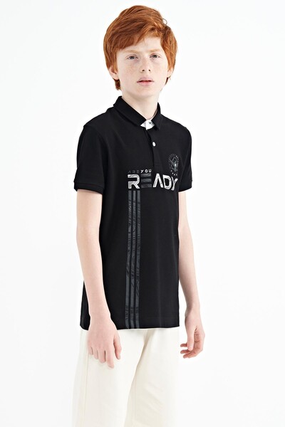 Tommylife Toptan Garson Boy Polo Yaka Standart Kalıp Baskılı Erkek Çocuk T-Shirt 11143 Siyah - Thumbnail