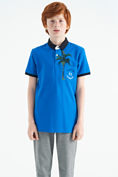 Tommylife Toptan Garson Boy Polo Yaka Standart Kalıp Baskılı Erkek Çocuk T-Shirt 11144 Saks - Thumbnail
