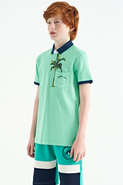Tommylife Toptan Garson Boy Polo Yaka Standart Kalıp Baskılı Erkek Çocuk T-Shirt 11144 Su Yeşili - Thumbnail