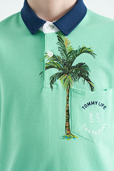 Tommylife Toptan Garson Boy Polo Yaka Standart Kalıp Baskılı Erkek Çocuk T-Shirt 11144 Su Yeşili - Thumbnail
