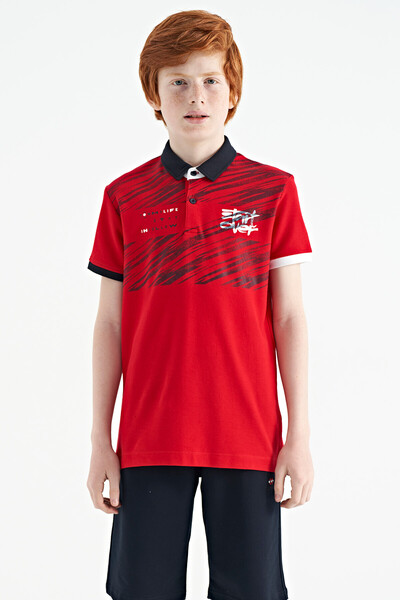 Tommylife Toptan Garson Boy Polo Yaka Standart Kalıp Baskılı Erkek Çocuk T-Shirt 11161 Kırmızı - Thumbnail