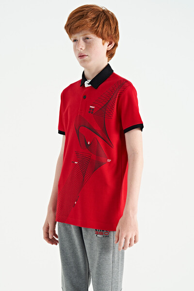 Tommylife Toptan Garson Boy Polo Yaka Standart Kalıp Baskılı Erkek Çocuk T-Shirt 11164 Kırmızı - Thumbnail