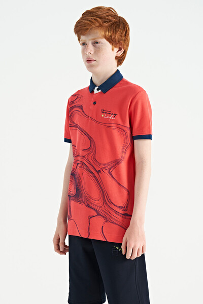 Tommylife Toptan Garson Boy Polo Yaka Standart Kalıp Baskılı Erkek Çocuk T-Shirt 11165 Coral - Thumbnail