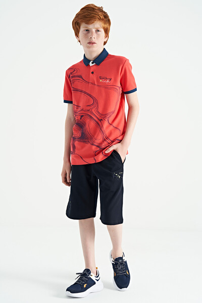 Tommylife Toptan Garson Boy Polo Yaka Standart Kalıp Baskılı Erkek Çocuk T-Shirt 11165 Coral - Thumbnail