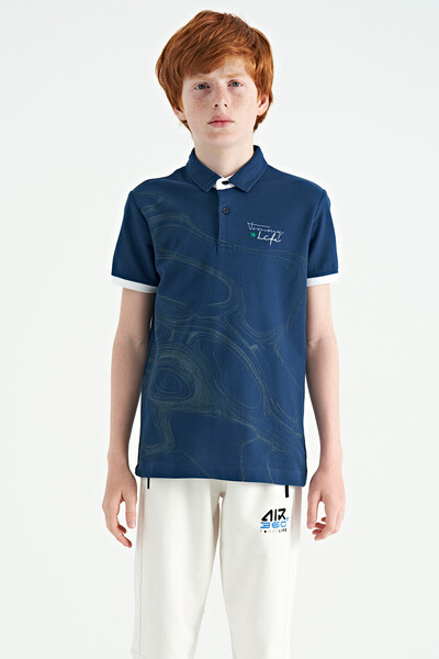 Tommylife Toptan Garson Boy Polo Yaka Standart Kalıp Baskılı Erkek Çocuk T-Shirt 11165 İndigo - Thumbnail