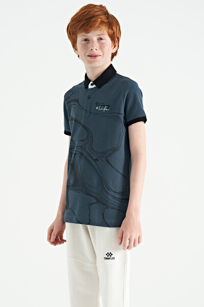 Tommylife Toptan Garson Boy Polo Yaka Standart Kalıp Baskılı Erkek Çocuk T-Shirt 11165 Orman Yeşili - Thumbnail