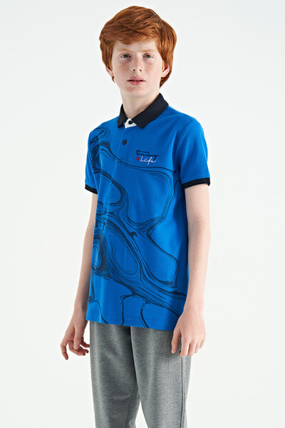 Tommylife Toptan Garson Boy Polo Yaka Standart Kalıp Baskılı Erkek Çocuk T-Shirt 11165 Saks - Thumbnail
